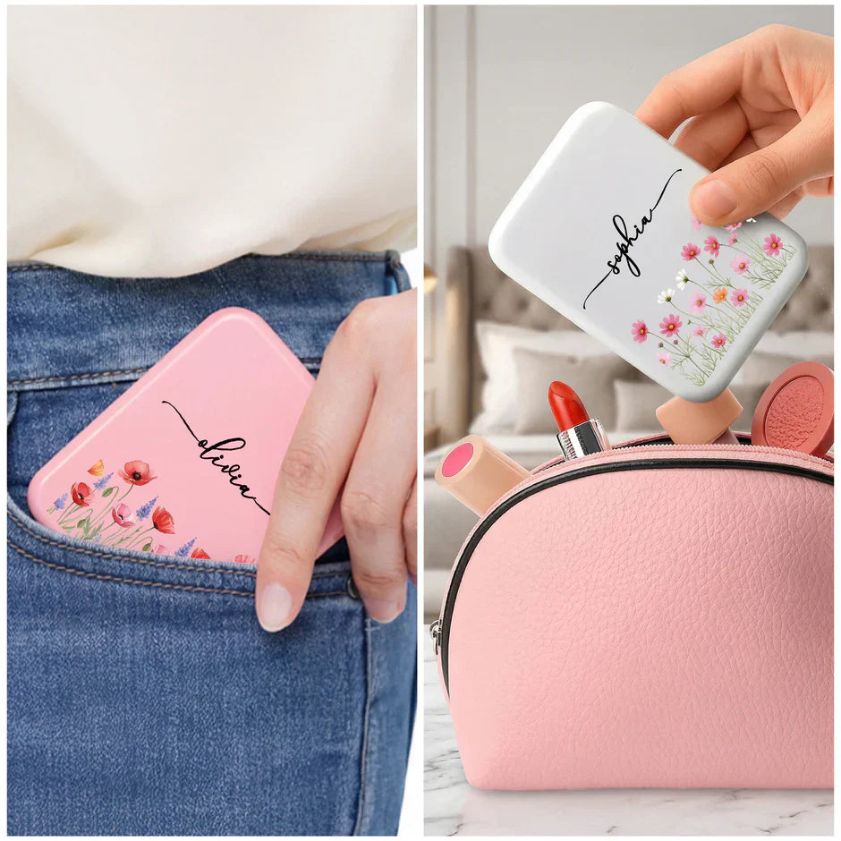 Personalized LED Pocket Mirror With Pink Floral Art, Unique Creative Gift For Sister Or Friend