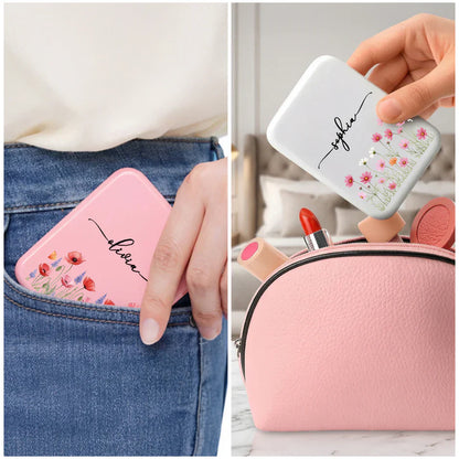 Personalized LED Pocket Mirror With Pink Floral Art, Unique Creative Gift For Sister Or Friend