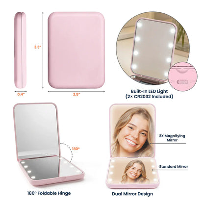 Personalized LED Pocket Mirror With Pink Floral Art, Unique Creative Gift For Sister Or Friend