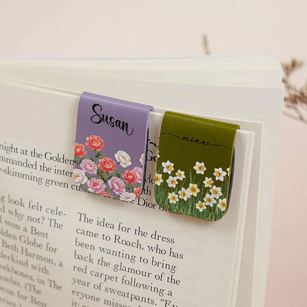 Personalized Leather Magnetic Bookmark with Birth Flower Design for Book Lovers - Unique Gift for Readers