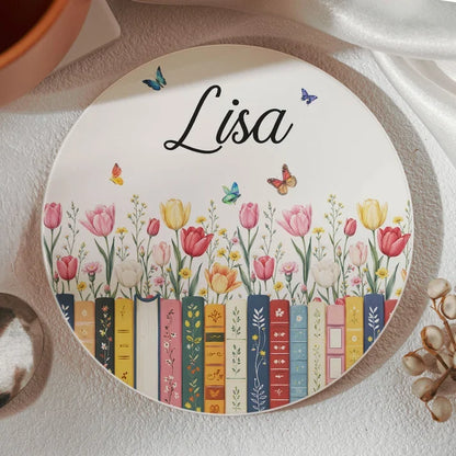 Personalized Leather Journal with Stacked Books, Wildflowers and Script Style, Unique Gift for Book Lovers