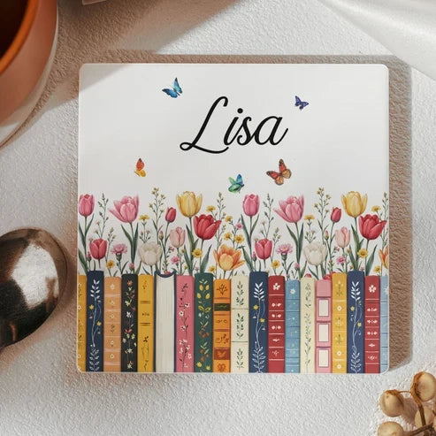 Personalized Leather Journal with Stacked Books, Wildflowers and Script Style, Unique Gift for Book Lovers