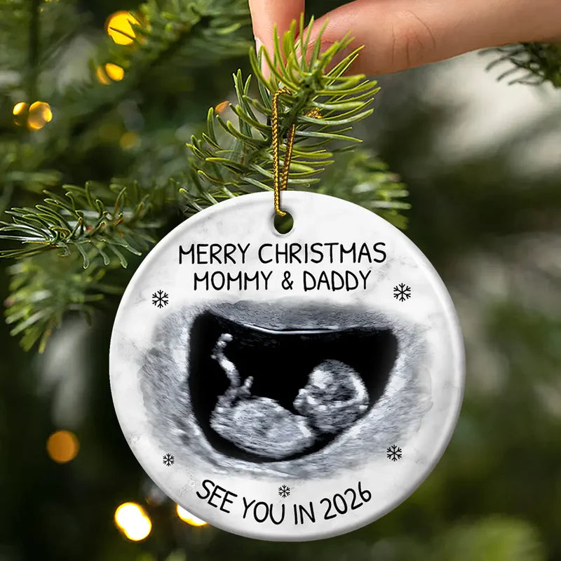 Christmas Ultrasound Ceramic Ornament for Mom and Dad, baby announcement keepsake for the tree, a heartfelt holiday gift.