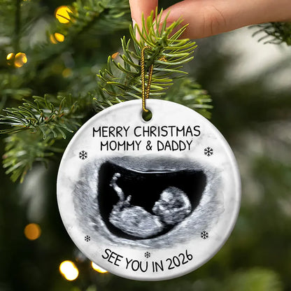 Christmas Ultrasound Ceramic Ornament for Mom and Dad, baby announcement keepsake for the tree, a heartfelt holiday gift.