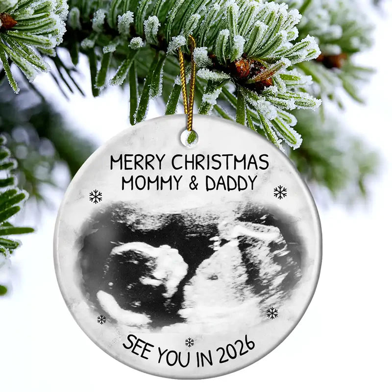 Christmas Ultrasound Ceramic Ornament for Mom and Dad, baby announcement keepsake for the tree, a heartfelt holiday gift.