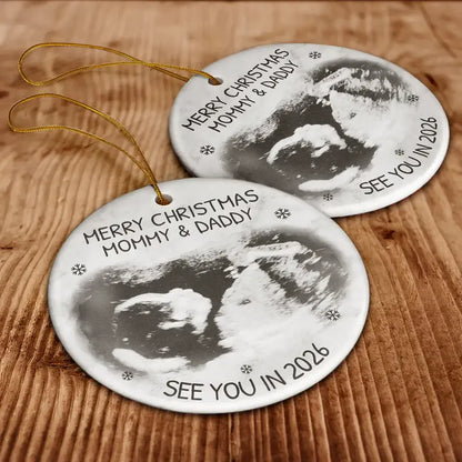 Christmas Ultrasound Ceramic Ornament for Mom and Dad, baby announcement keepsake for the tree, a heartfelt holiday gift.