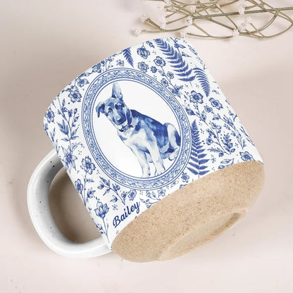 Custom Pet Portrait Pottery Mug with Seated Dog, Vintage Floral Keepsake, Creative Gift for Pet Owners