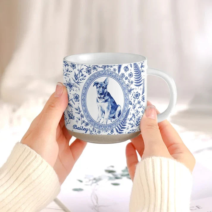 Custom Pet Portrait Pottery Mug with Seated Dog, Vintage Floral Keepsake, Creative Gift for Pet Owners