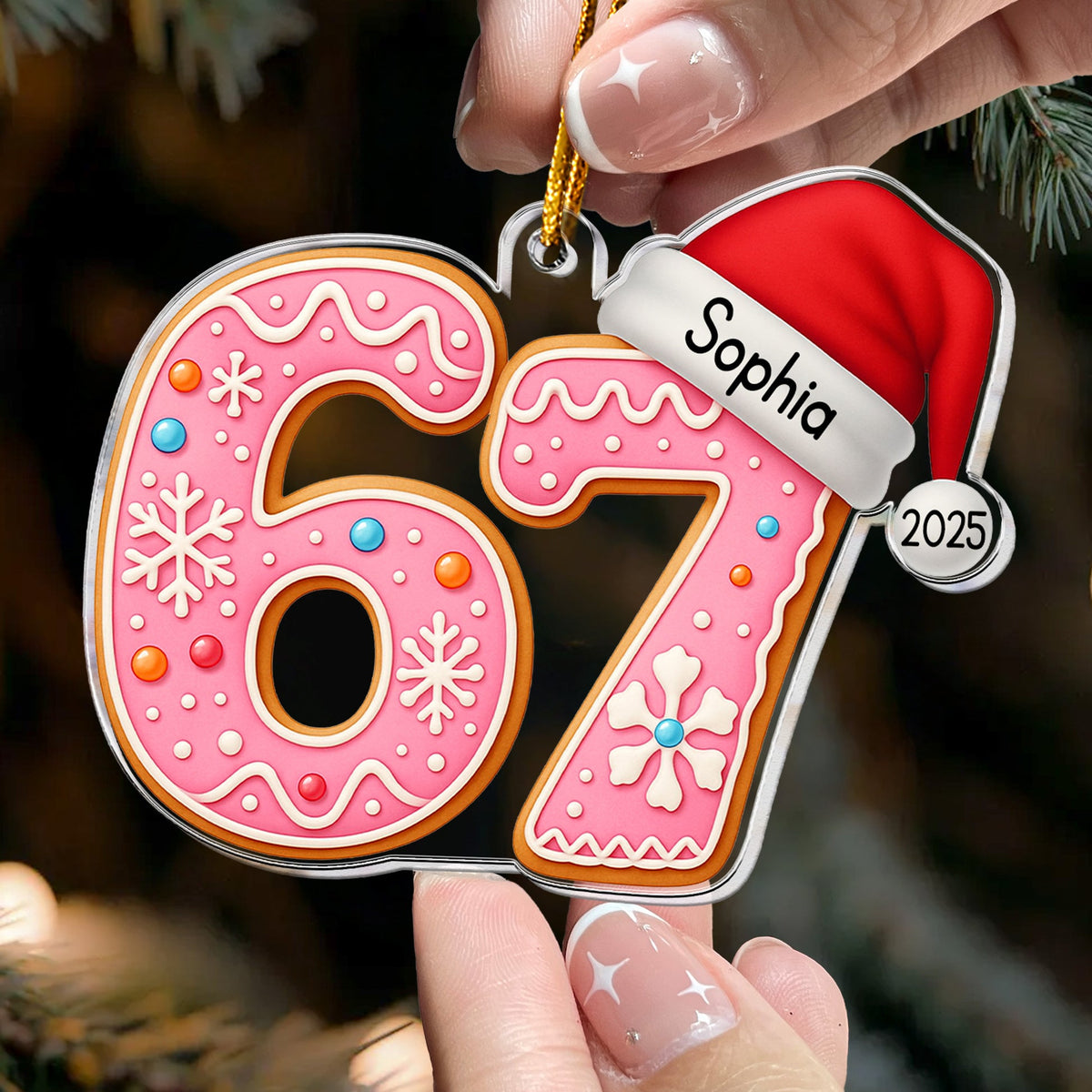 Custom 6 7 Acrylic Ornament with Santa Hat, Fun Gen Alpha Meme Tree Decor for Children & Families, Festive Personalized Gift