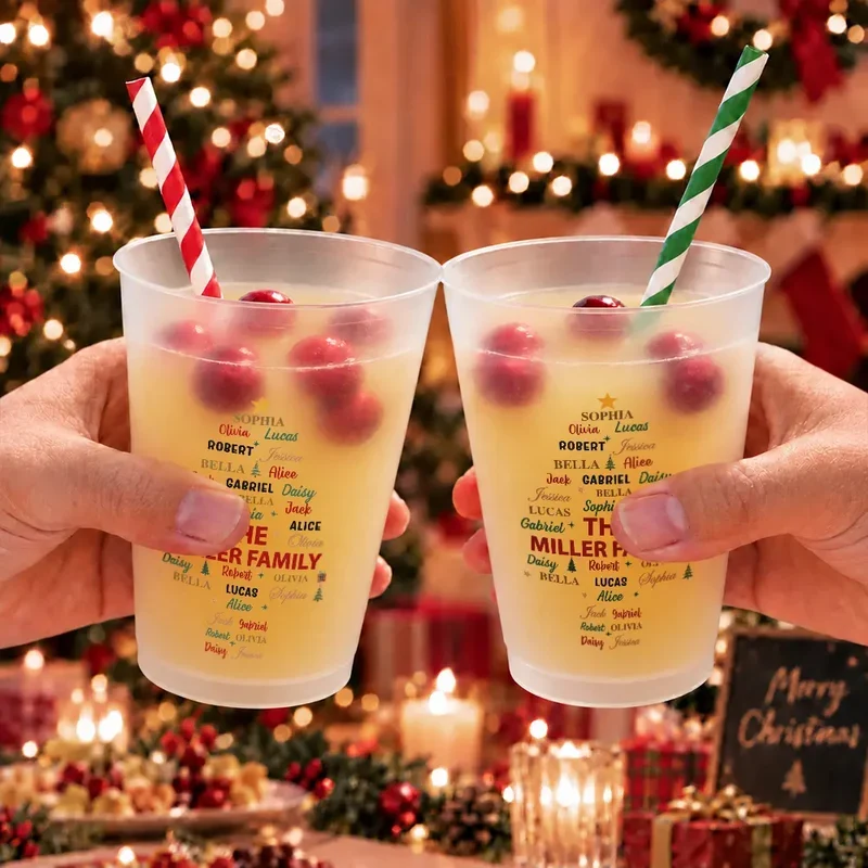 Personalized Frosted Plastic Cup, Family Name Tree for a Festive Table, Unique Gift for Family