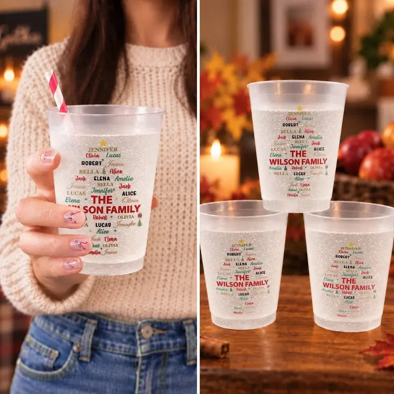 Personalized Frosted Plastic Cup, Family Name Tree for a Festive Table, Unique Gift for Family
