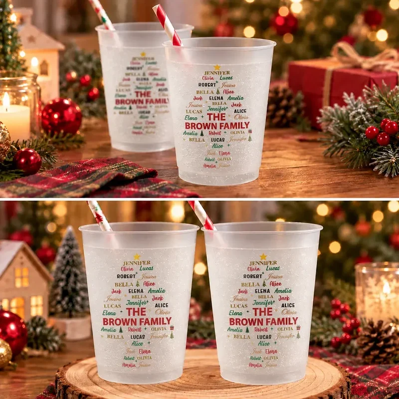 Personalized Frosted Plastic Cup, Family Name Tree for a Festive Table, Unique Gift for Family