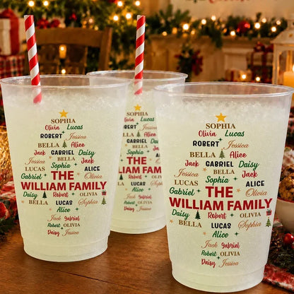 Personalized Frosted Plastic Cup, Family Name Tree for a Festive Table, Unique Gift for Family