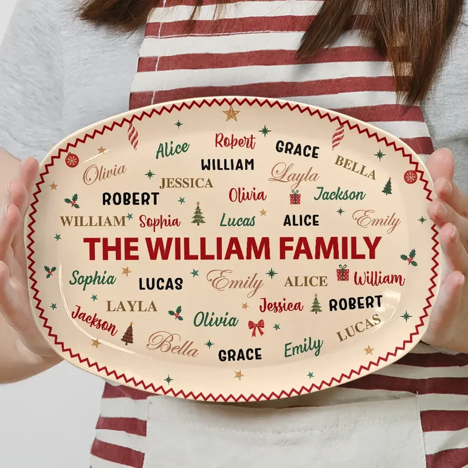 Personalized Family Name Grilling Plate, Festive Red and Green Design, Unique Christmas Gift for Families