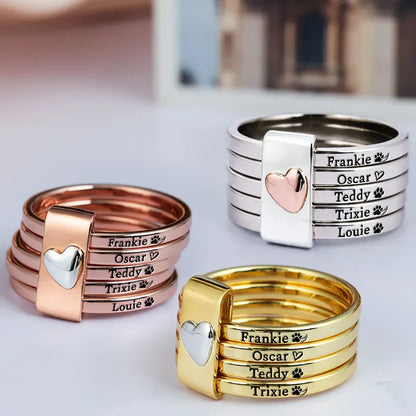 Personalized 2-Ring Heart Stacking Rings for Dog Moms & Cat Moms - Unique Pet Name Gift with Paw Print Love