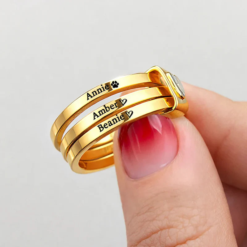 Personalized 2-Ring Heart Stacking Rings for Dog Moms & Cat Moms - Unique Pet Name Gift with Paw Print Love