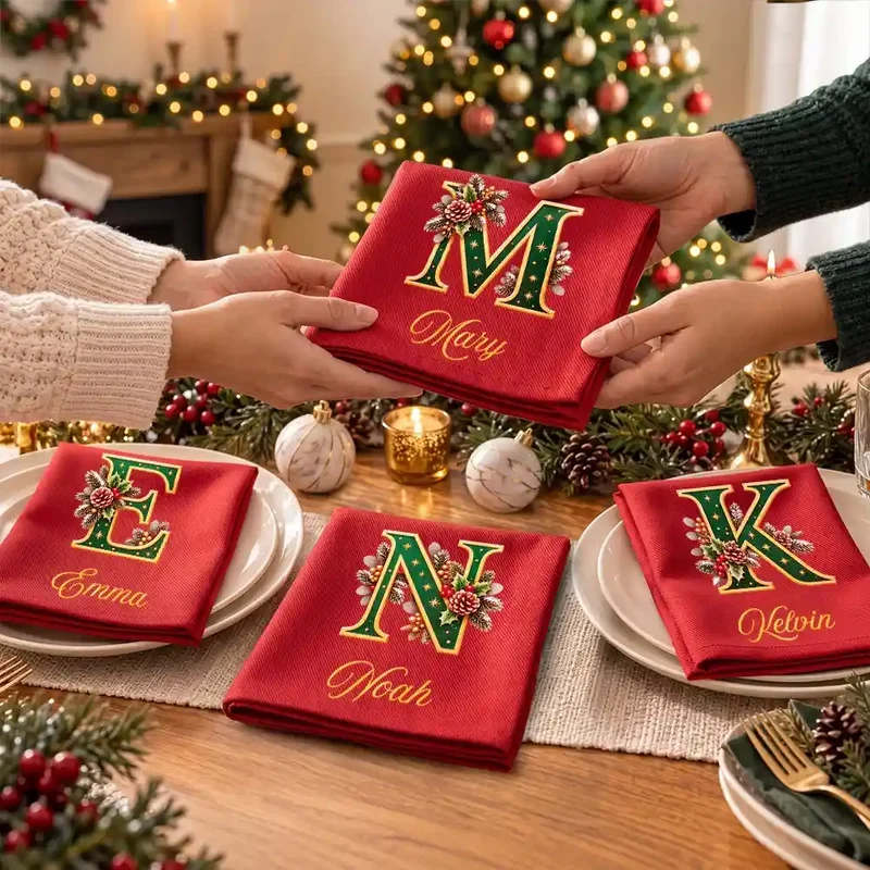 Personalized Reusable Cotton Napkin, Festive Christmas Table Setting, Creative Gift for Meaningful Family Gatherings