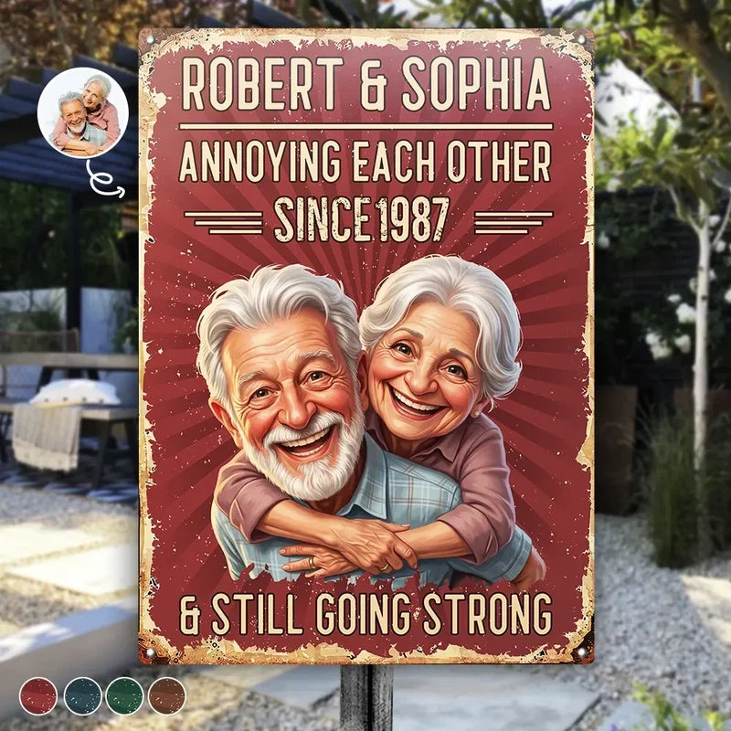 Personalized Rectangular Iron Sign, Red Vintage Caricature of Hugging Couple, Unique Anniversary Gift