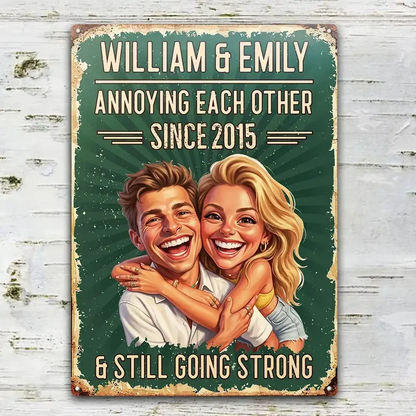 Personalized Rectangular Iron Sign, Red Vintage Caricature of Hugging Couple, Unique Anniversary Gift