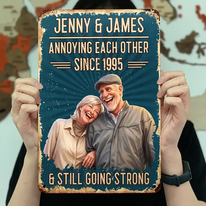 Personalized Rectangular Iron Sign, Red Vintage Caricature of Hugging Couple, Unique Anniversary Gift