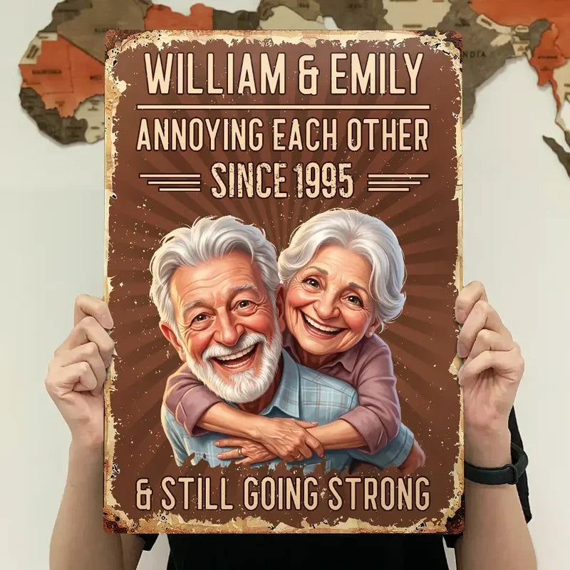 Personalized Rectangular Iron Sign, Red Vintage Caricature of Hugging Couple, Unique Anniversary Gift