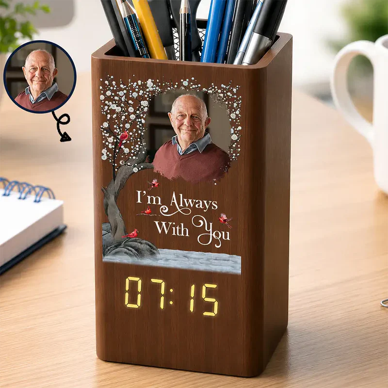 Personalized Wooden Pen Holder Clock With Senior Portrait, I'm Always With You, Creative Gift for Family