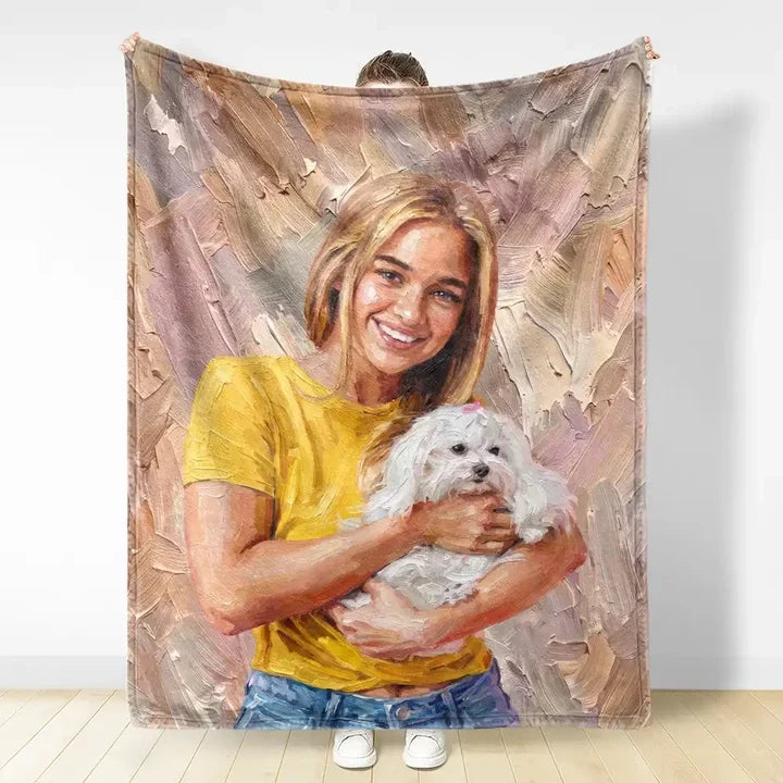 Personalized Fleece Blanket with Oil Painted Sitting Dog Portrait, Creative Gift for Dog Lovers