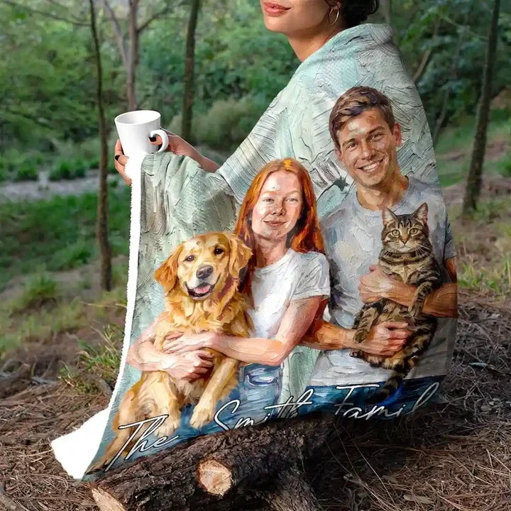 Personalized Fleece Blanket with Oil Painted Sitting Dog Portrait, Creative Gift for Dog Lovers