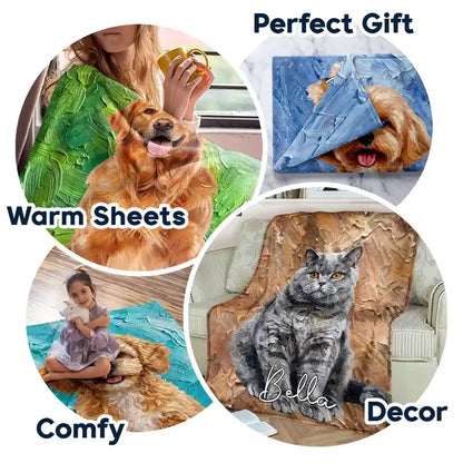 Personalized Fleece Blanket with Oil Painted Sitting Dog Portrait, Creative Gift for Dog Lovers