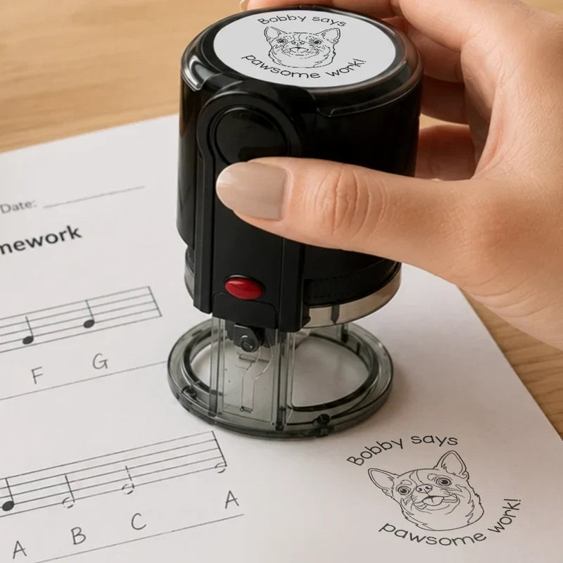 Round Self-Inking Stamp with Pawsome Work Pet Sketch, Creative Gift for Teachers & Dog Lovers