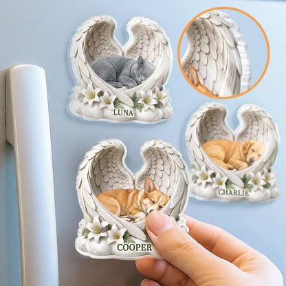 Pet Memorial Acrylic Magnet, Personalized Sleeping Dog or Cat with Angel Wings, Creative Sympathy Gift for Pet Owners