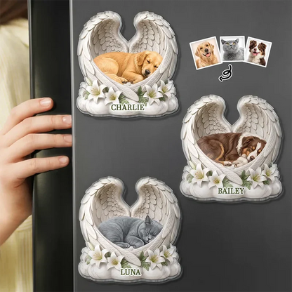 Pet Memorial Acrylic Magnet, Personalized Sleeping Dog or Cat with Angel Wings, Creative Sympathy Gift for Pet Owners