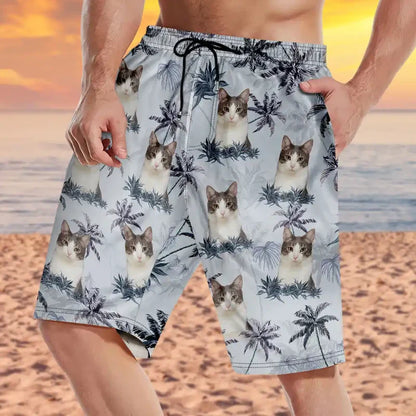 Personalized Men's Beach Shorts with Smiling Dog & Tropical Palms, Unique Gift for Dog Dad Vacation