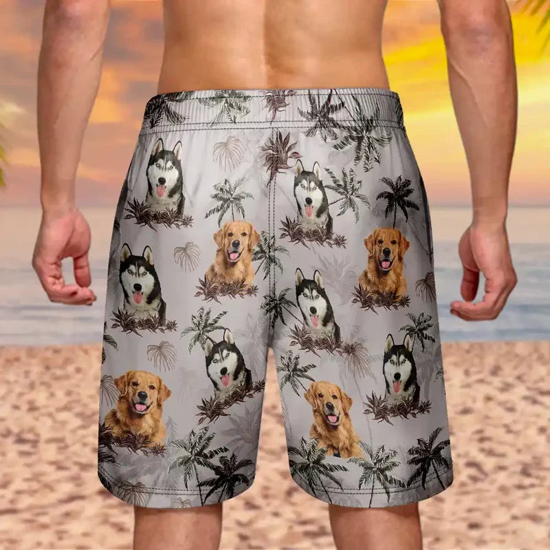 Personalized Men's Beach Shorts with Smiling Dog & Tropical Palms, Unique Gift for Dog Dad Vacation