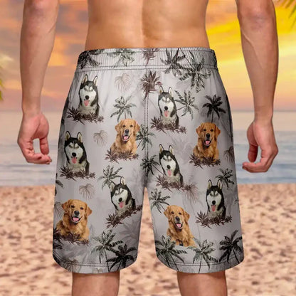 Personalized Men's Beach Shorts with Smiling Dog & Tropical Palms, Unique Gift for Dog Dad Vacation