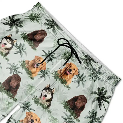 Personalized Men's Beach Shorts with Smiling Dog & Tropical Palms, Unique Gift for Dog Dad Vacation