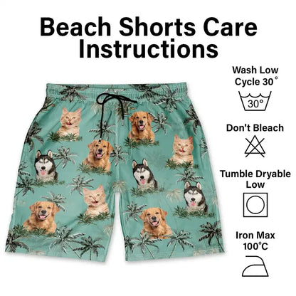 Personalized Men's Beach Shorts with Smiling Dog & Tropical Palms, Unique Gift for Dog Dad Vacation