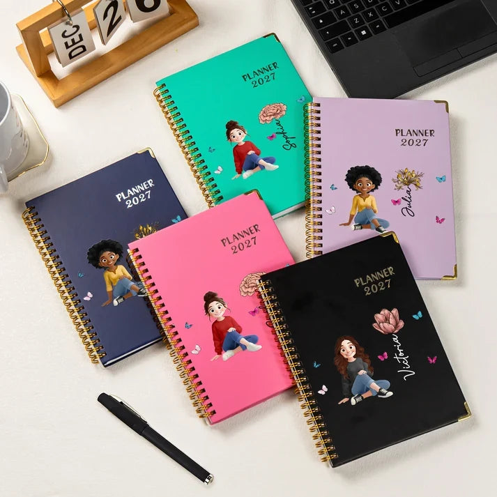 Coil Bound Custom Planner, Personalized Birth Flower and Cute Character Design, Unique Gift for Mom, Daughter or Friend