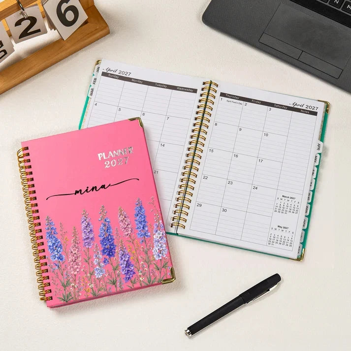 Personalized Custom Planner with Pink Floral Artwork for Desk Organization, Unique Gift for Mom, Daughter or Friend