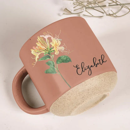 Personalized Birth Flower Pottery Mug, Unique Botanical Gift for Her, Sister, Friend or Coworker
