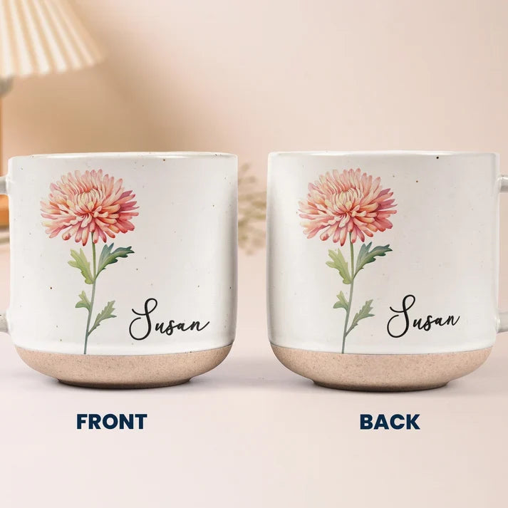 Personalized Birth Flower Pottery Mug, Unique Botanical Gift for Her, Sister, Friend or Coworker
