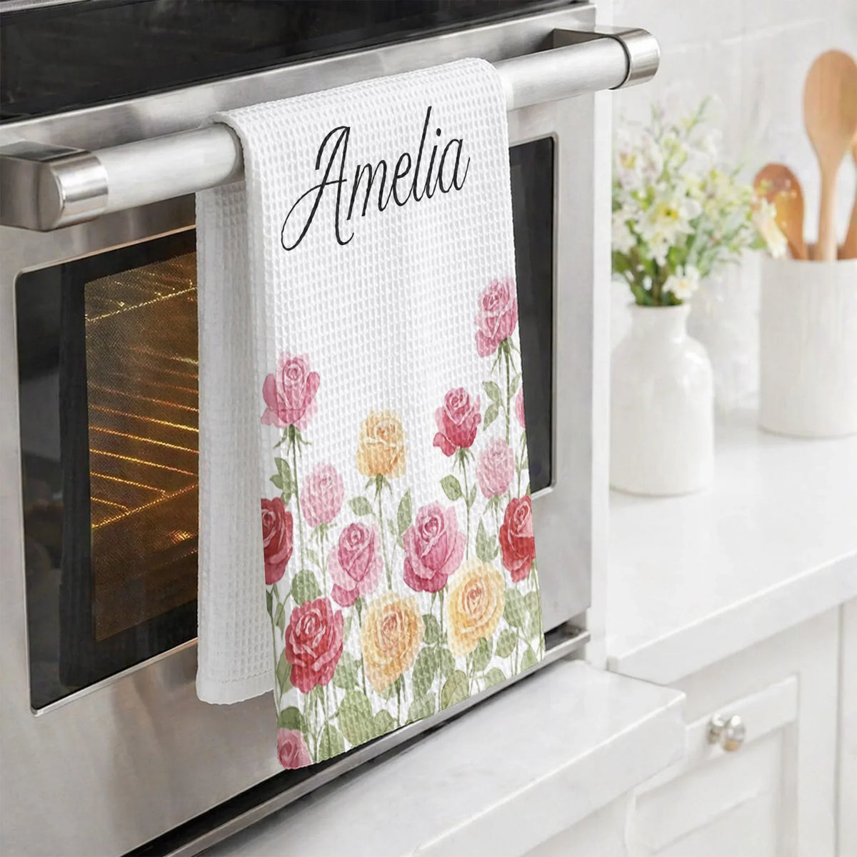 Personalized Birth Flower Kitchen Towel, Watercolor Floral Decor, Unique Gift for Mom, Grandma & Wife