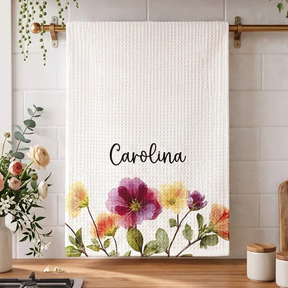 Personalized Kitchen Towel with Watercolor Wildflowers, Heartfelt Creative Gift for Her and Family