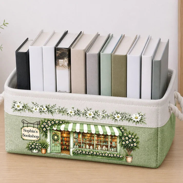 Personalized Rope Basket, Green Bookshop Illustration and Daisies, Unique Gift for Book Lovers
