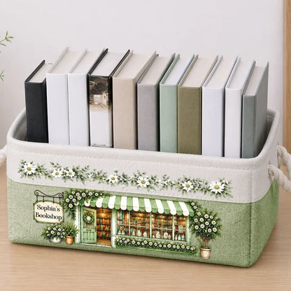 Personalized Rope Basket, Green Bookshop Illustration and Daisies, Unique Gift for Book Lovers