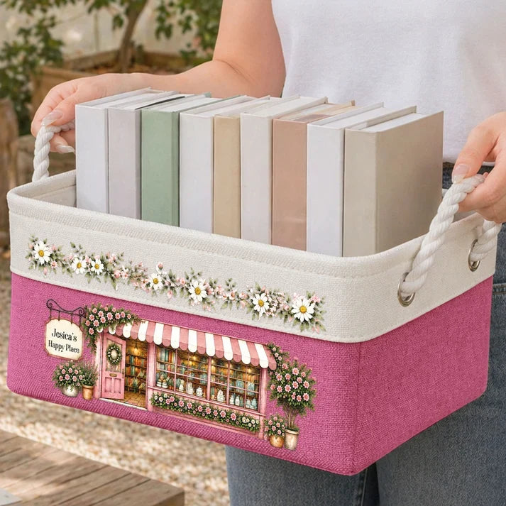 Personalized Rope Basket, Green Bookshop Illustration and Daisies, Unique Gift for Book Lovers