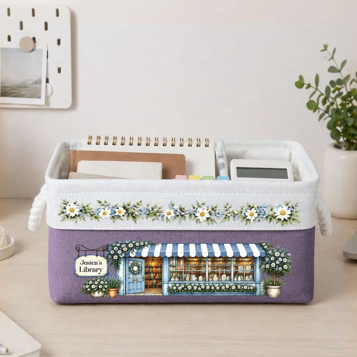 Personalized Rope Basket, Green Bookshop Illustration and Daisies, Unique Gift for Book Lovers