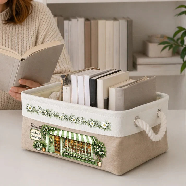 Personalized Rope Basket, Green Bookshop Illustration and Daisies, Unique Gift for Book Lovers