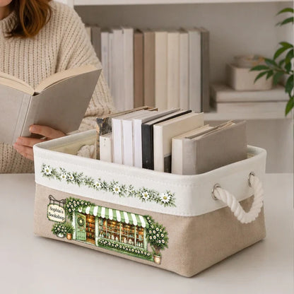 Personalized Rope Basket, Green Bookshop Illustration and Daisies, Unique Gift for Book Lovers