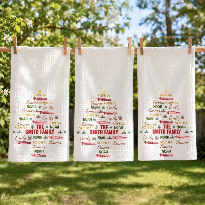 Personalized Kitchen Towel with Festive Typography Tree, Creative Gift for Meaningful Family Memories